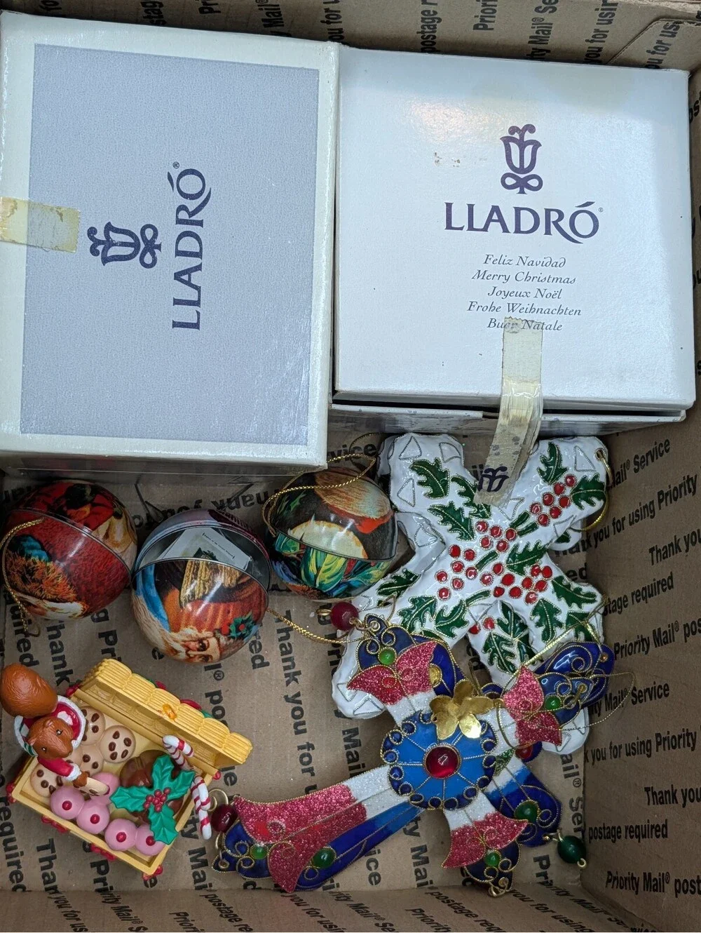 Vintage Lladro Hallmark Enamel Crosses Hugger Santa Ornament Christmas Lot